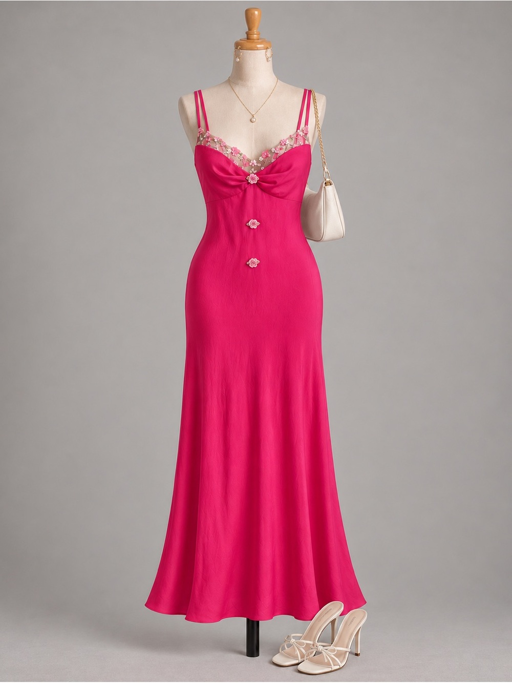 Ace Collection Fuchsia Floral-Trim Slip Satin Maxi Dress